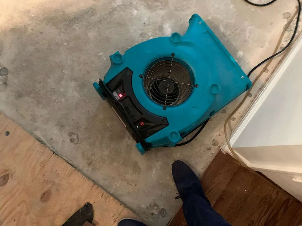 Air mover drying subfloor during Leak Detection & Repair in Lake Barrington